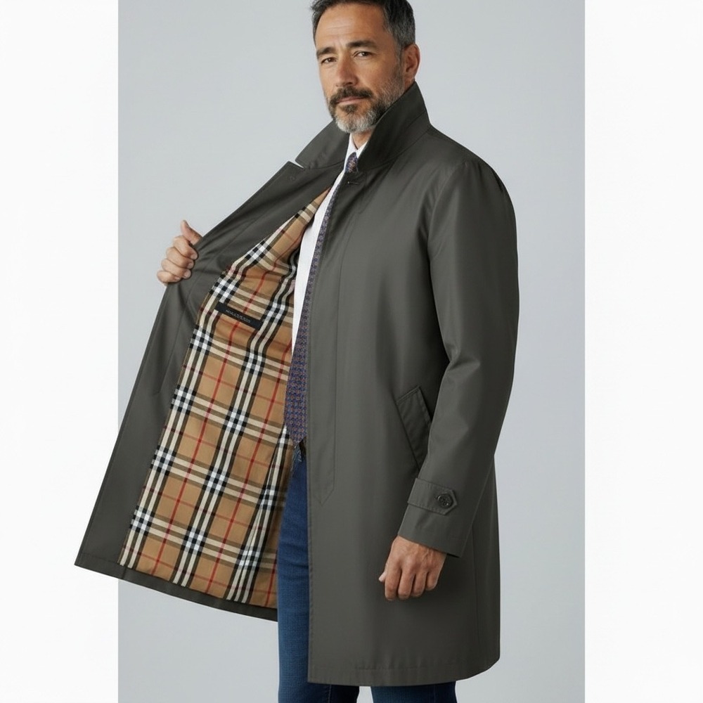 GF Sartoria Italiana Mens Car Coat Dark Olive Green Plaid Lined Made in Italy 52